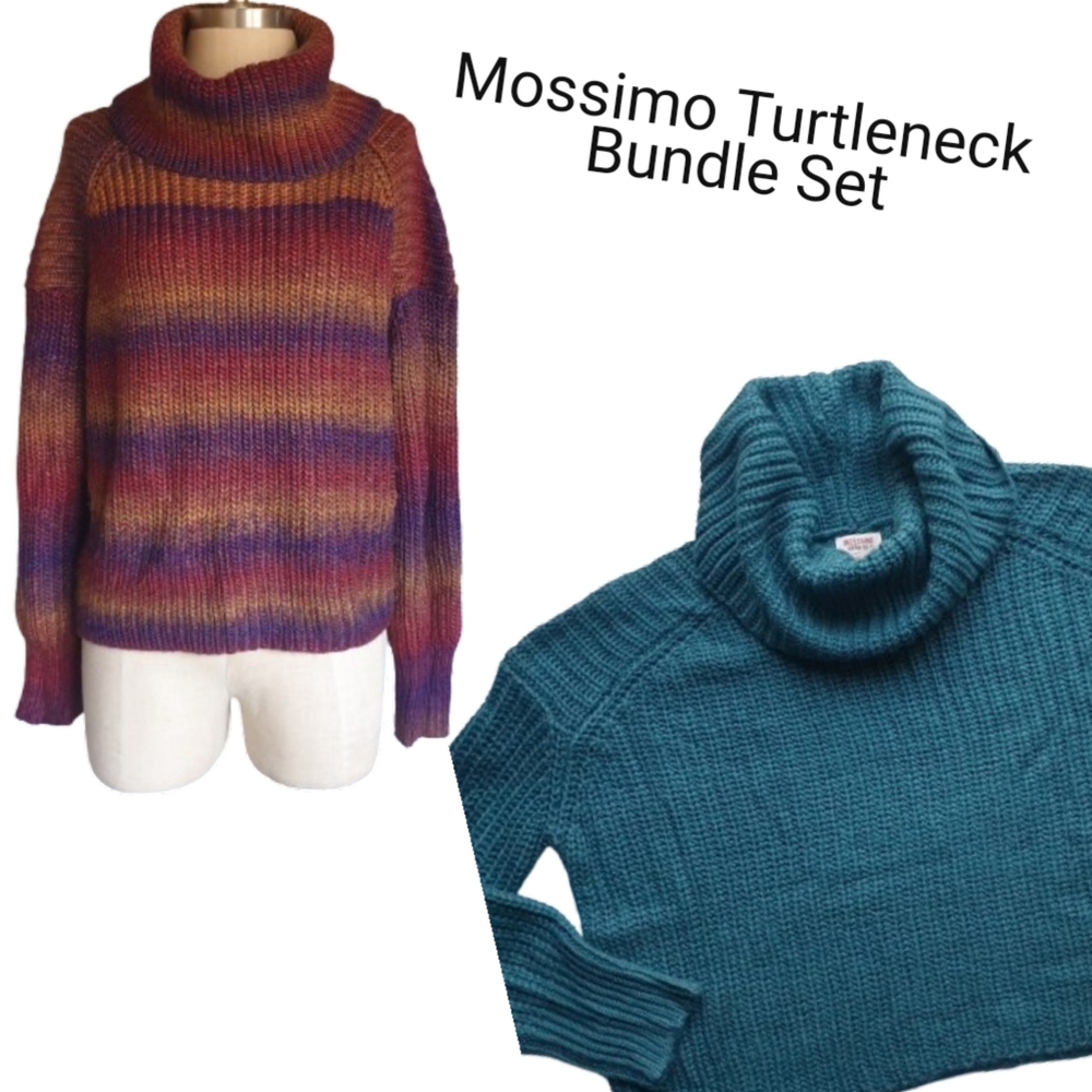Mossimo Bundle Teal & Rainbow Stripe Turtleneck Relaxed Boxy Fit Sweaters Xs/Sm